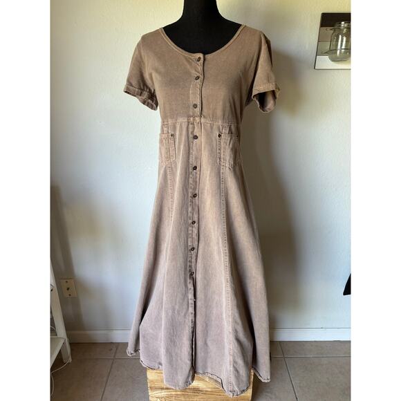 None and/or Unknown Dresses & Skirts - VTG 90s Cotton Canvas Button Up Maxi StonewshTaupe Empire 6Panel Flare Utility